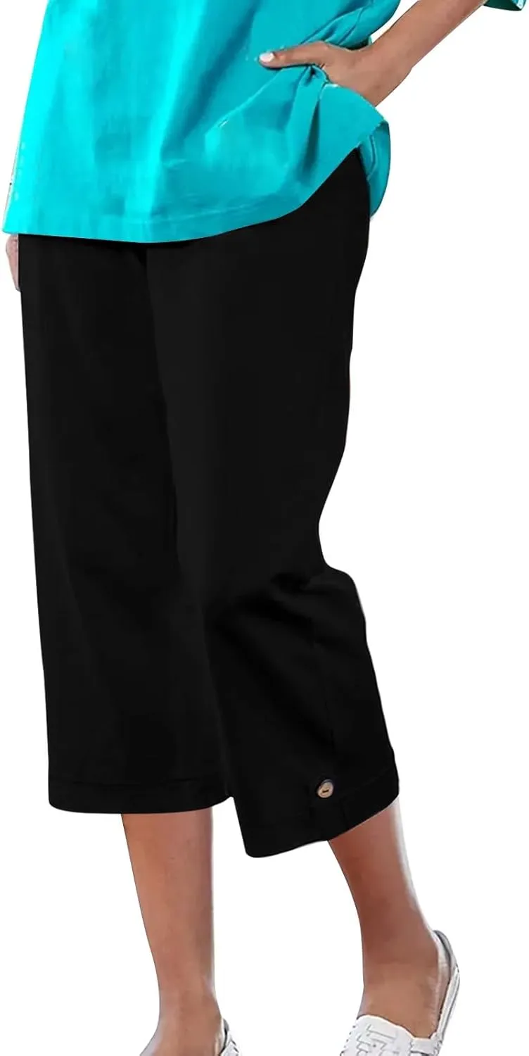 Cotton Linen Capri Pants for Women Wide Leg High Waisted Pant Palazzo Capris Pants Lightweight Beach Cropped Pant