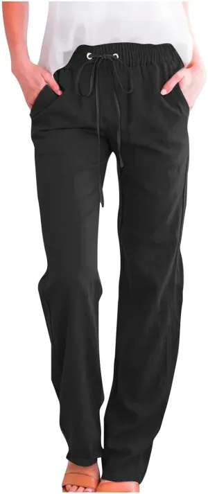 Cotton Linen Pants for Women Wide Leg Palazzo Pant High Waisted Drawstring Trousers Summer Beach Pant with Pockets
