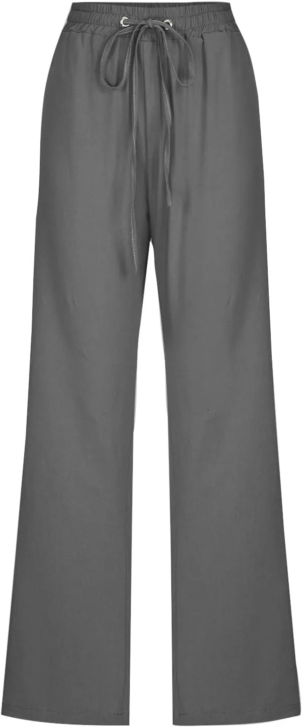 Cotton Linen Pants for Women Wide Leg Palazzo Pant High Waisted Drawstring Trousers Summer Beach Pant with Pockets