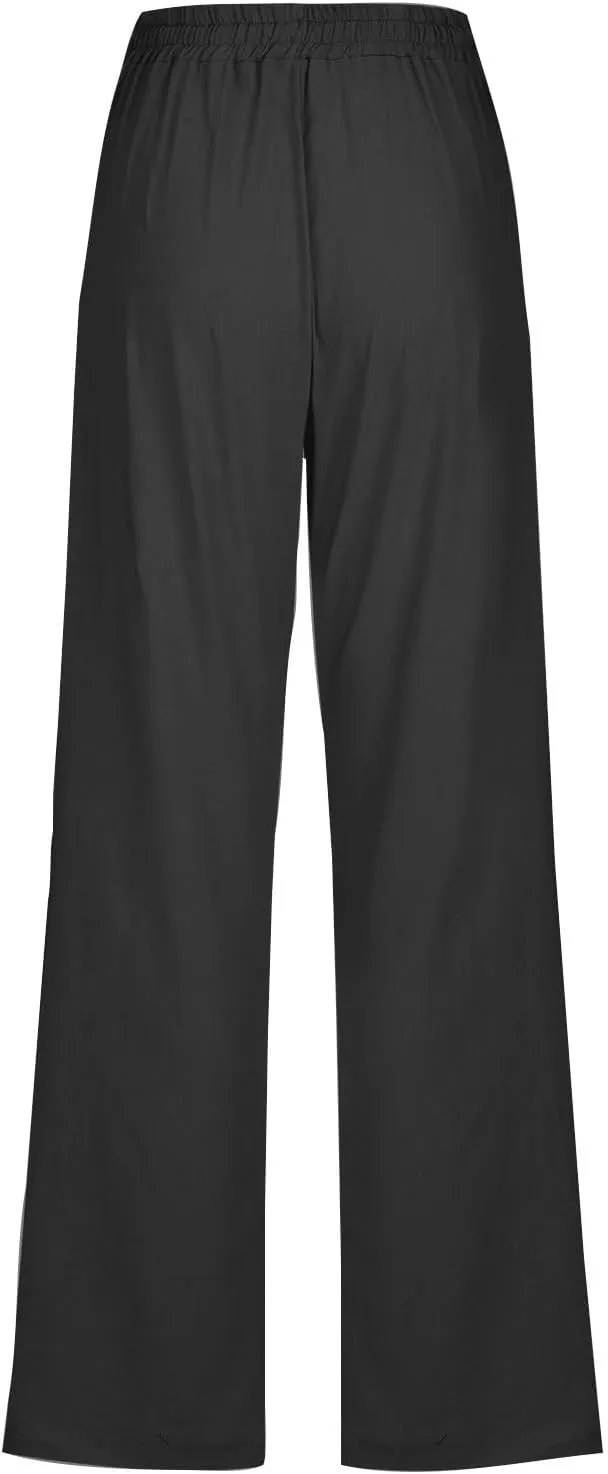 Cotton Linen Pants for Women Wide Leg Palazzo Pant High Waisted Drawstring Trousers Summer Beach Pant with Pockets