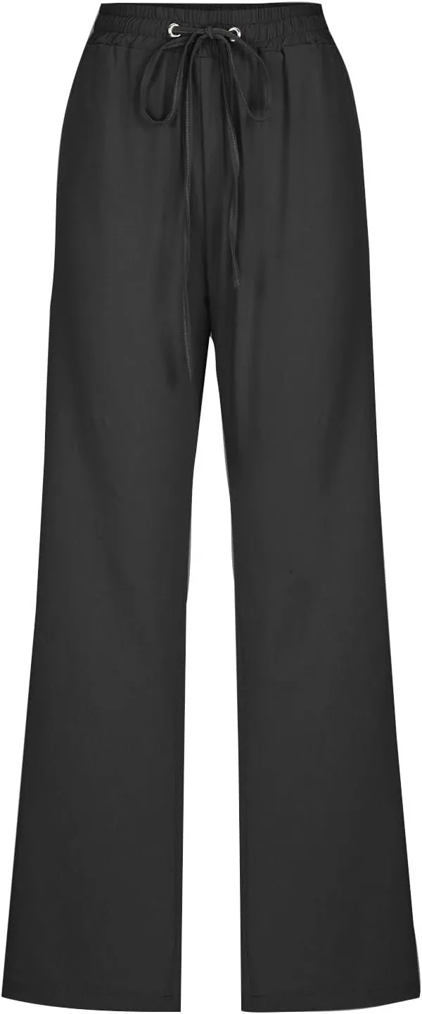 Cotton Linen Pants for Women Wide Leg Palazzo Pant High Waisted Drawstring Trousers Summer Beach Pant with Pockets
