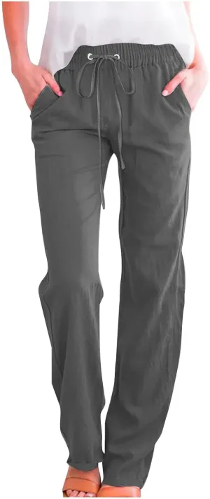 Cotton Linen Pants for Women Wide Leg Palazzo Pant High Waisted Drawstring Trousers Summer Beach Pant with Pockets