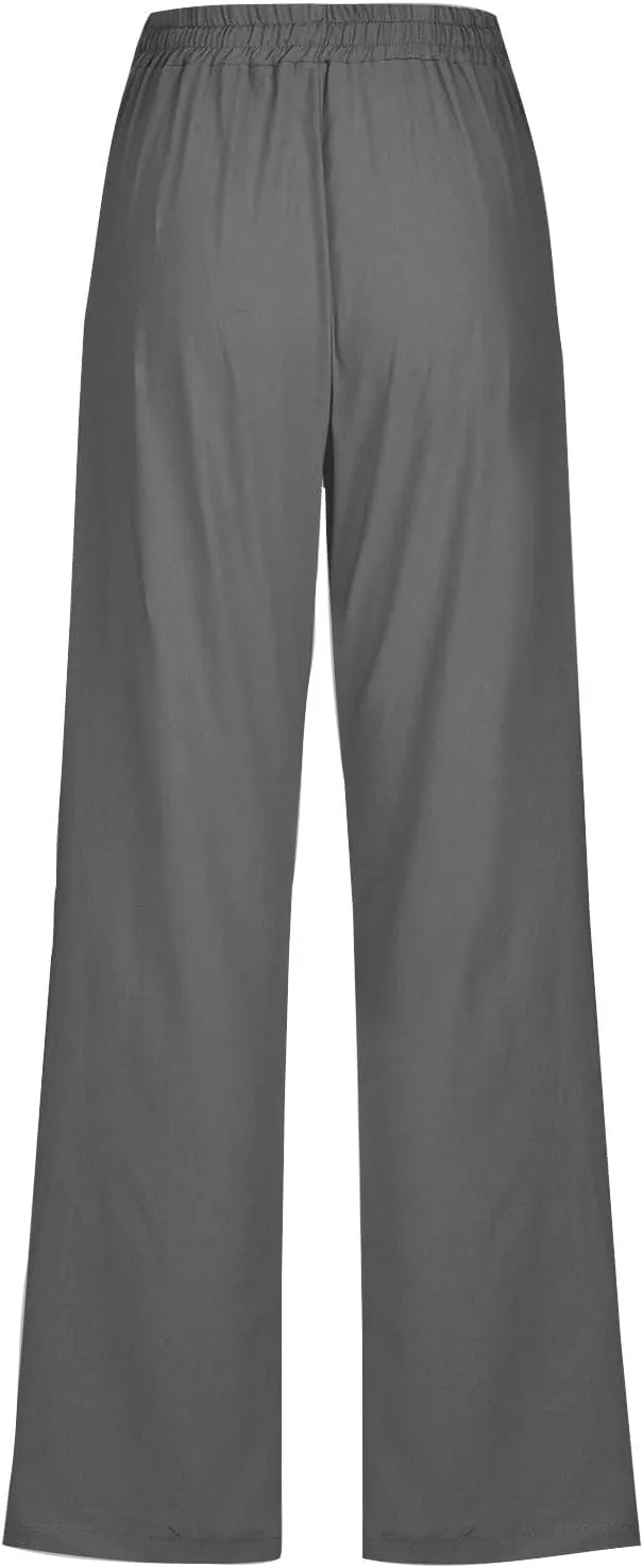 Cotton Linen Pants for Women Wide Leg Palazzo Pant High Waisted Drawstring Trousers Summer Beach Pant with Pockets
