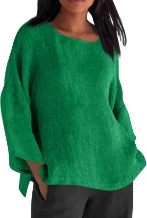 Cotton Linen Shirts for Women Solid Color Basic Long Sleeve Tee Tops Summer Casual Crew Neck Split Hem Tunic Blouses