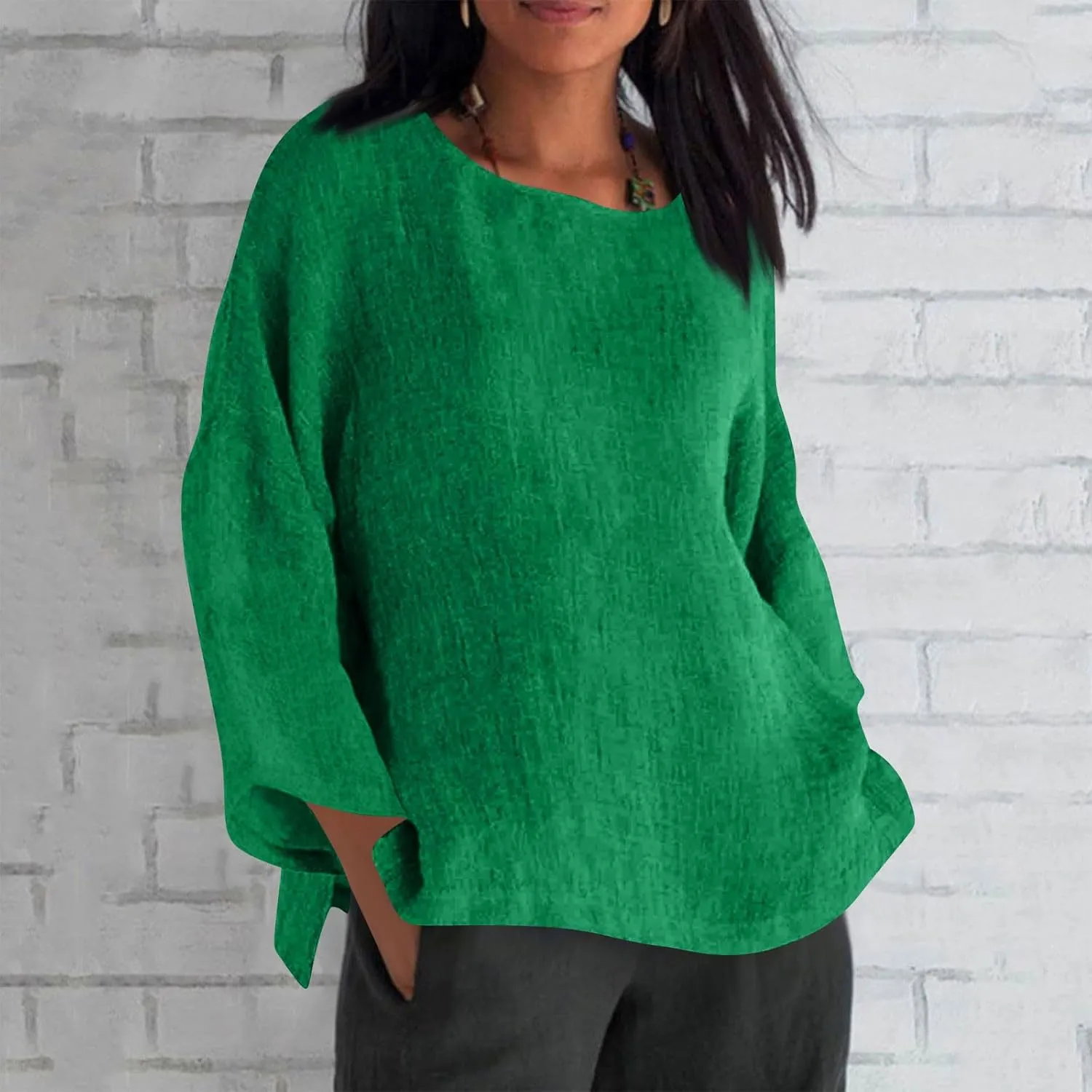 Cotton Linen Shirts for Women Solid Color Basic Long Sleeve Tee Tops Summer Casual Crew Neck Split Hem Tunic Blouses