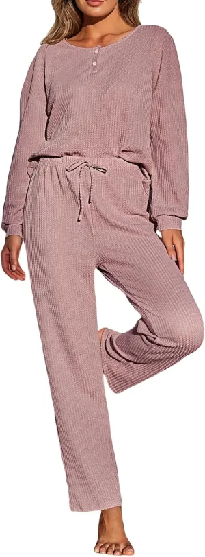 CUPSHE Women's Ribbed Waffle Rib Knit 2 Piece Pajamas Lounge Set Long Sleeve Top and Pants Pink
