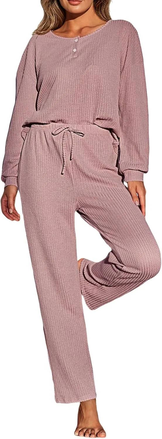 CUPSHE Women's Ribbed Waffle Rib Knit 2 Piece Pajamas Lounge Set Long Sleeve Top and Pants Pink