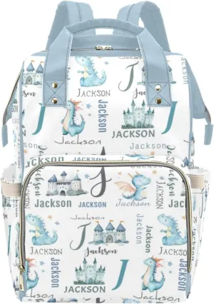 Custom Cute Dragon Diaper Bag for Baby Boys, Personalized Mom Diaper Backpack with Name, Large Capacity Multifunctional Women Daypack Nappy Bag, Dinosaur Travel Backpack for Mommy