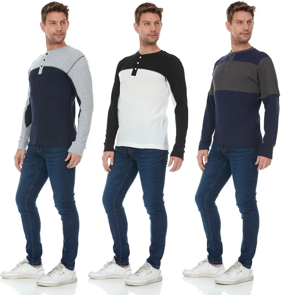DARESAY 3 Pack: Thermal Long Sleeve Tee Shirt for Men- Henley & Crew Long Sleeve Shirts for Men – Mens Long Sleeve T Shirts