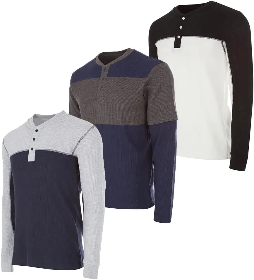 DARESAY 3 Pack: Thermal Long Sleeve Tee Shirt for Men- Henley & Crew Long Sleeve Shirts for Men – Mens Long Sleeve T Shirts