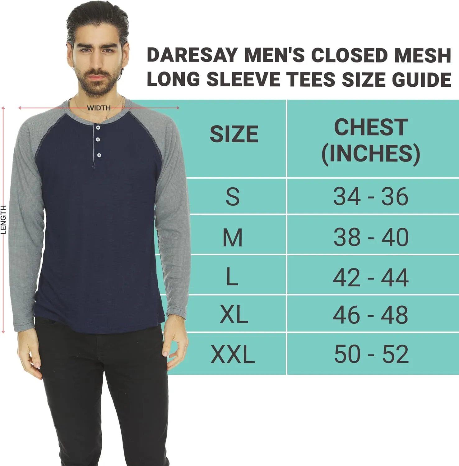 DARESAY 3 Pack: Thermal Long Sleeve Tee Shirt for Men- Henley & Crew Long Sleeve Shirts for Men – Mens Long Sleeve T Shirts