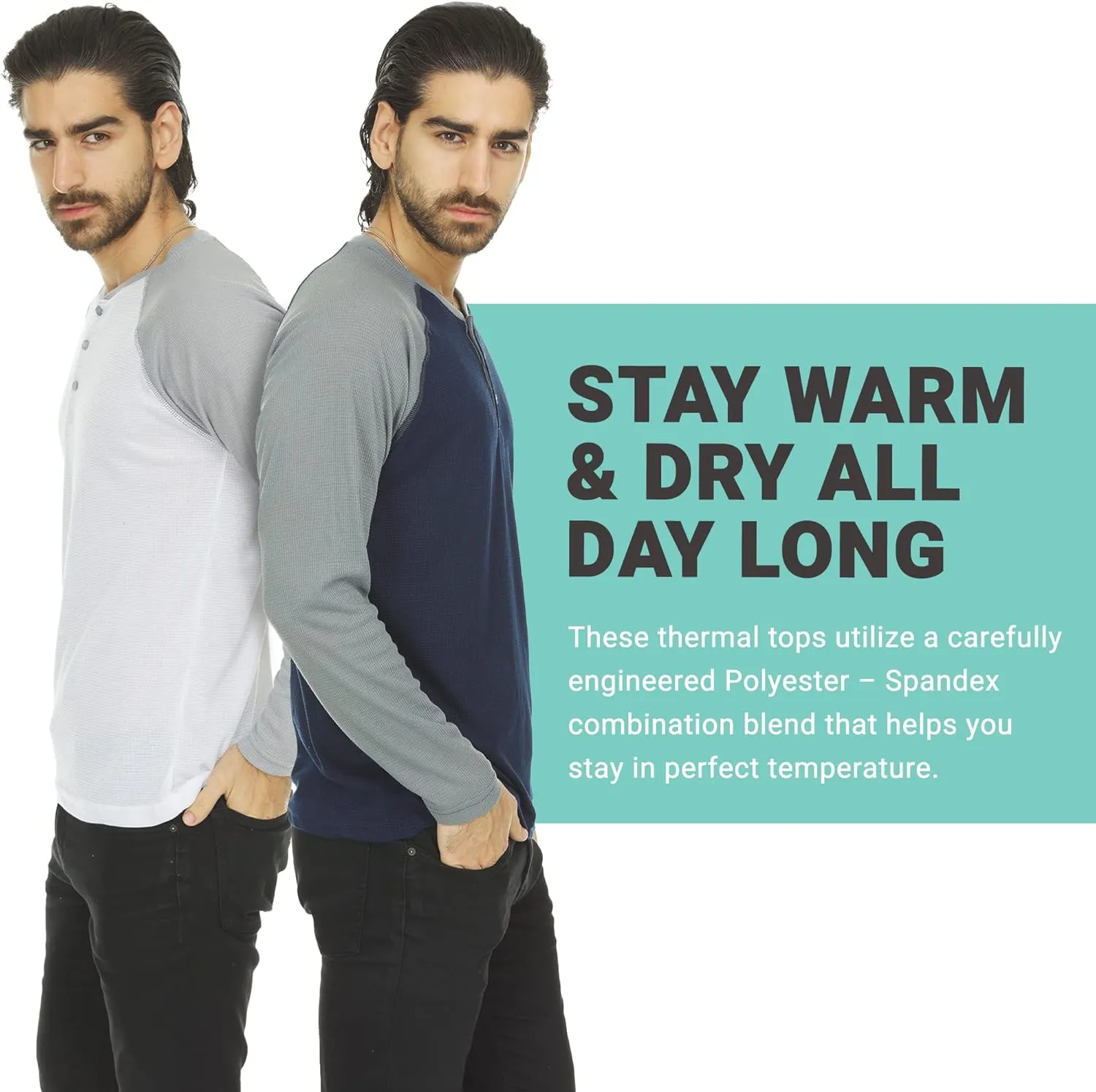 DARESAY 3 Pack: Thermal Long Sleeve Tee Shirt for Men- Henley & Crew Long Sleeve Shirts for Men – Mens Long Sleeve T Shirts