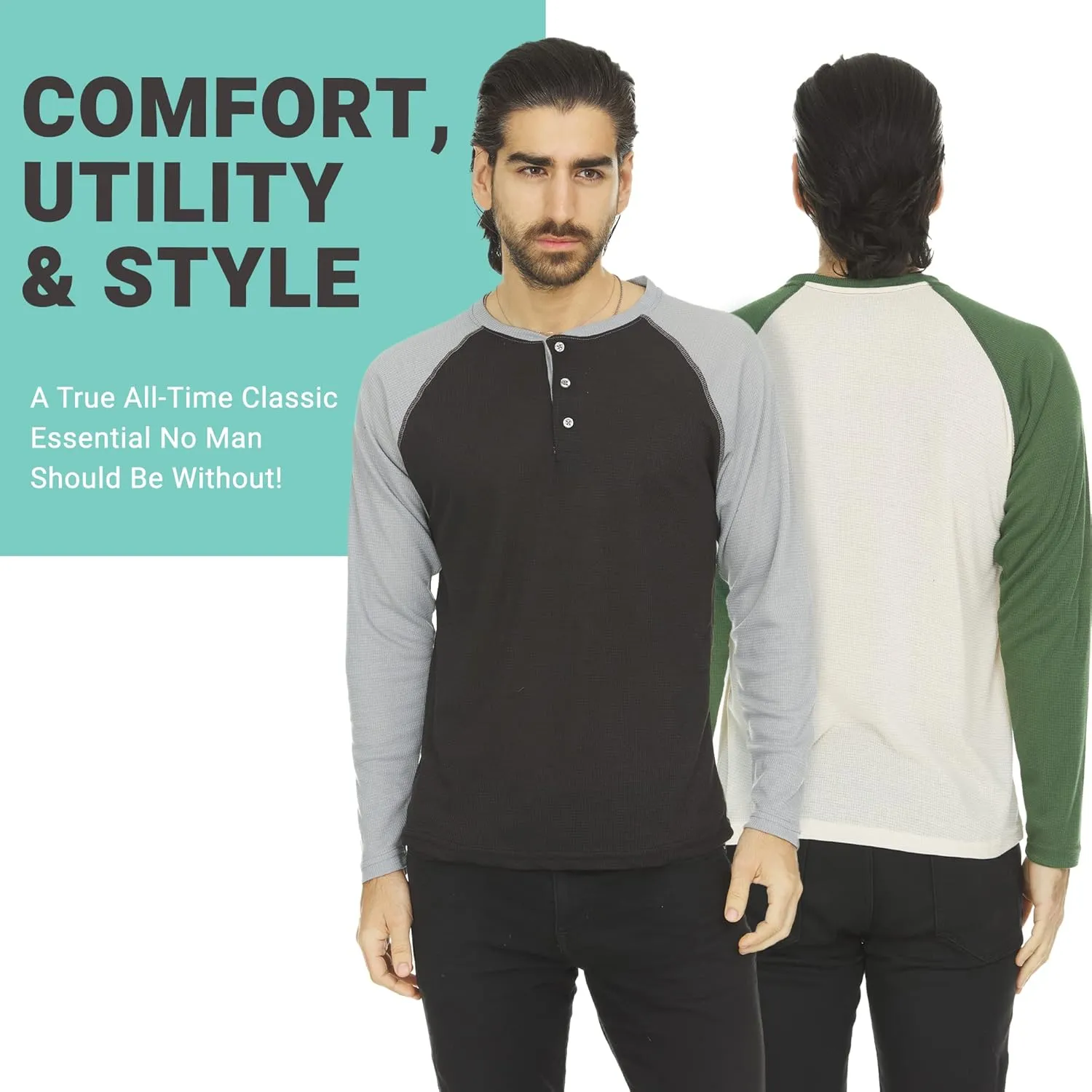 DARESAY 3 Pack: Thermal Long Sleeve Tee Shirt for Men- Henley & Crew Long Sleeve Shirts for Men – Mens Long Sleeve T Shirts