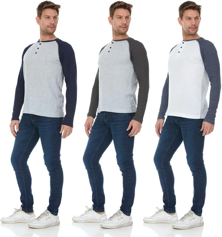 DARESAY 3 Pack: Thermal Long Sleeve Tee Shirt for Men- Henley & Crew Long Sleeve Shirts for Men – Mens Long Sleeve T Shirts