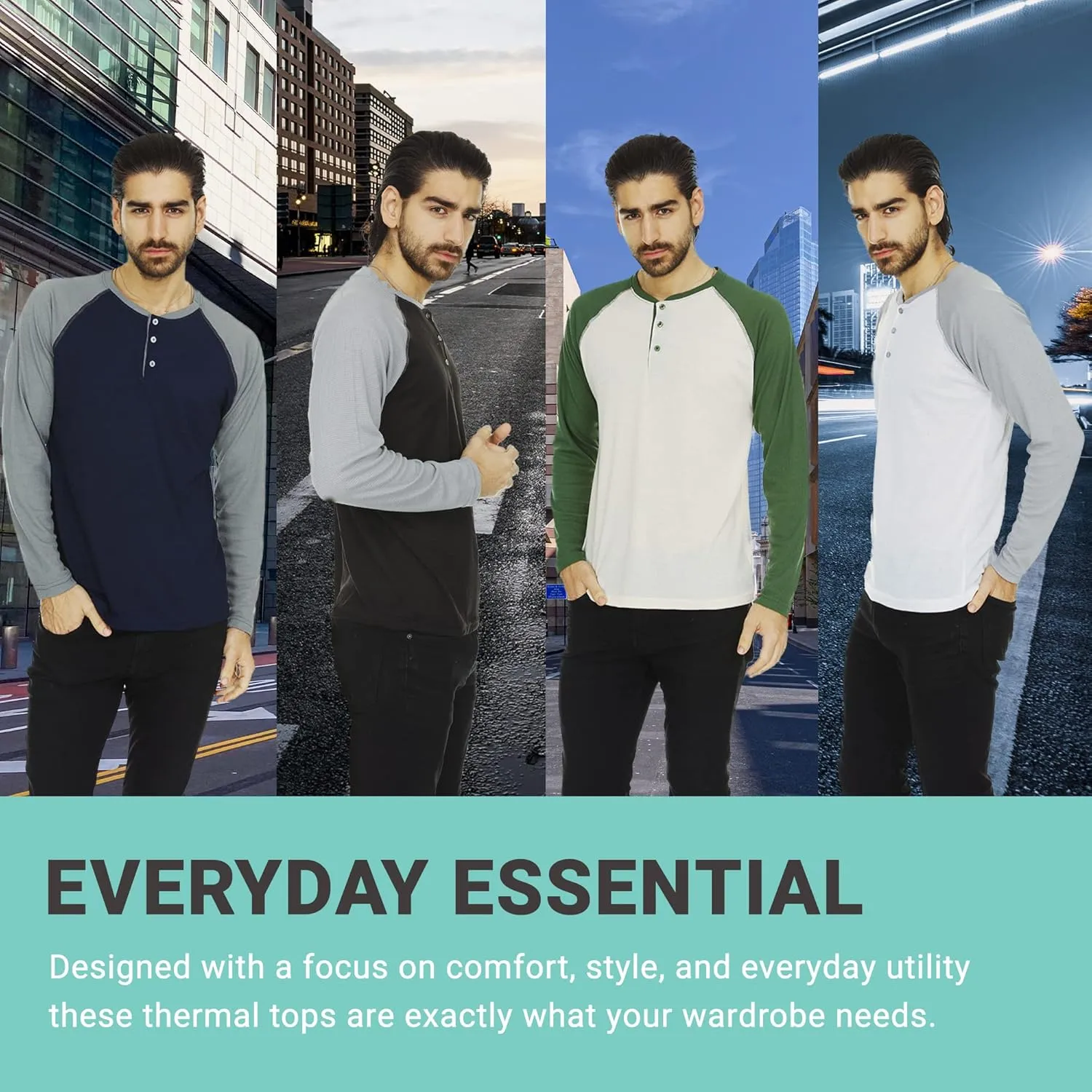 DARESAY 3 Pack: Thermal Long Sleeve Tee Shirt for Men- Henley & Crew Long Sleeve Shirts for Men – Mens Long Sleeve T Shirts
