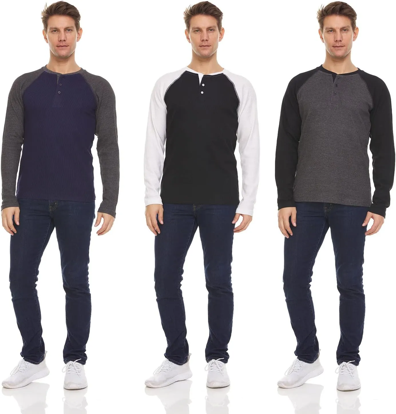 DARESAY 3 Pack: Thermal Long Sleeve Tee Shirt for Men- Henley & Crew Long Sleeve Shirts for Men – Mens Long Sleeve T Shirts