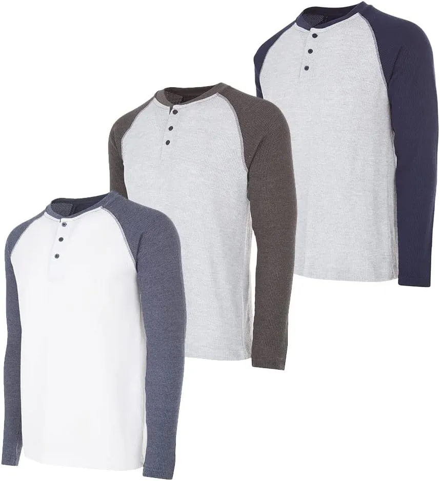 DARESAY 3 Pack: Thermal Long Sleeve Tee Shirt for Men- Henley & Crew Long Sleeve Shirts for Men – Mens Long Sleeve T Shirts