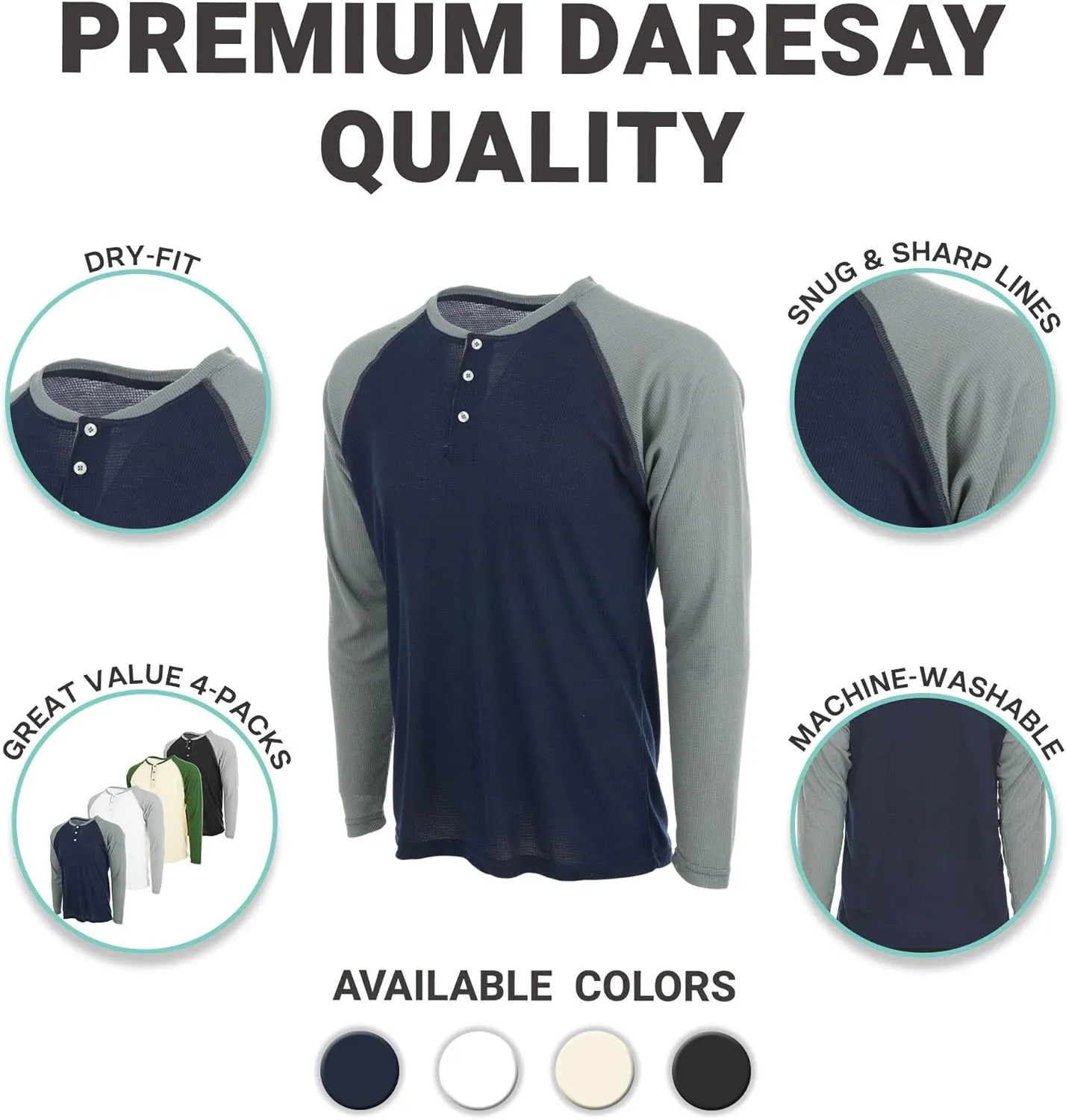 DARESAY 3 Pack: Thermal Long Sleeve Tee Shirt for Men- Henley & Crew Long Sleeve Shirts for Men – Mens Long Sleeve T Shirts