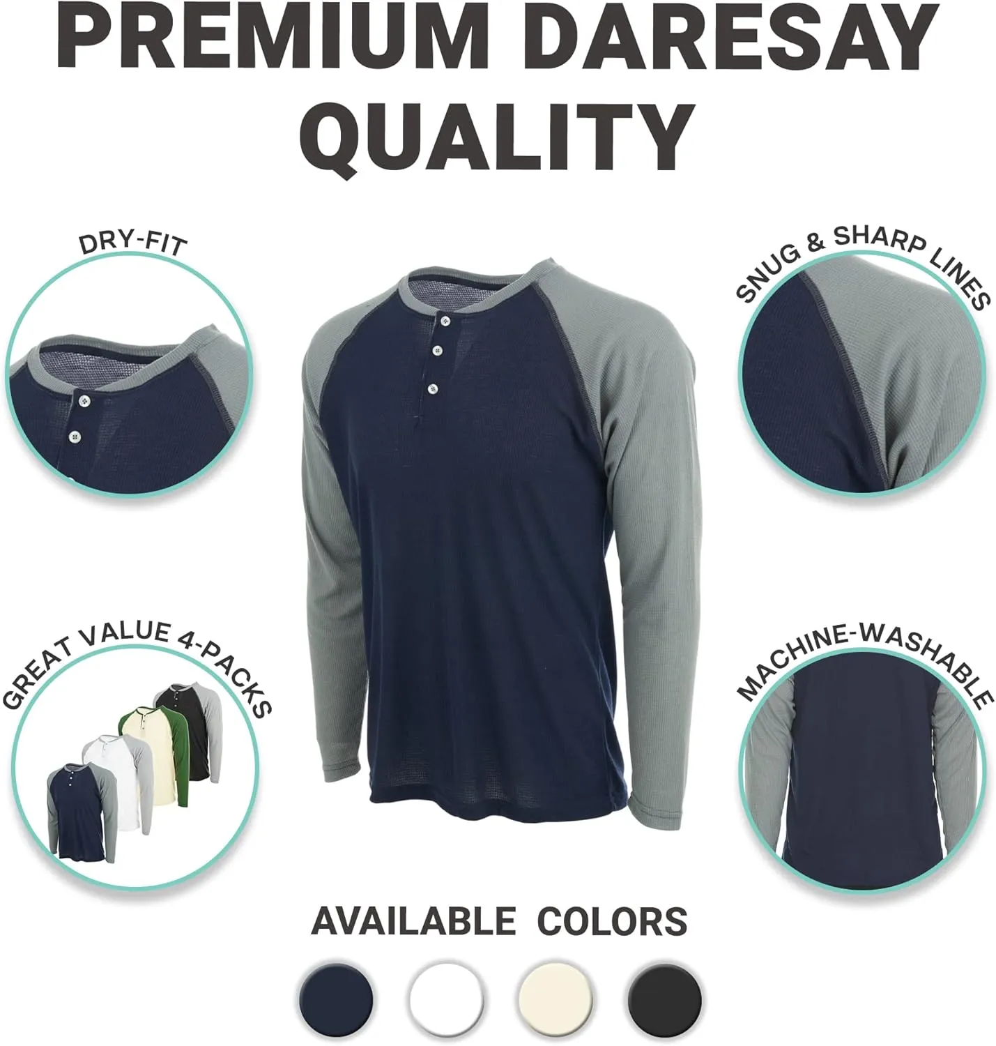 DARESAY 3 Pack: Thermal Long Sleeve Tee Shirt for Men- Henley & Crew Long Sleeve Shirts for Men – Mens Long Sleeve T Shirts