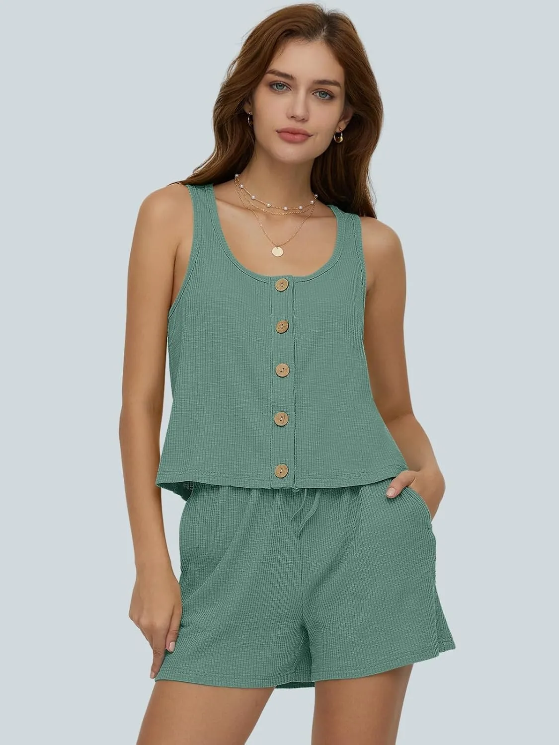DEEP SELF Womens Ribbed Knit Pajama Sets Button Front Tank Top and Shorts Lounge Sets Casual Loungewear with Pockets