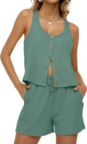 DEEP SELF Womens Ribbed Knit Pajama Sets Button Front Tank Top and Shorts Lounge Sets Casual Loungewear with Pockets