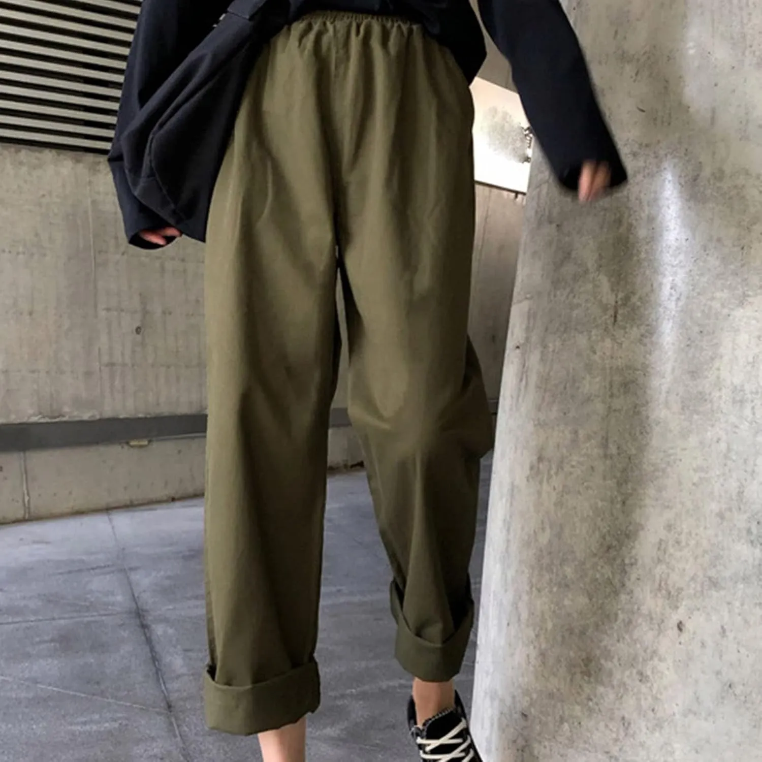 DGHM-JLMY Women's Elastic High Waist Slim Workwear Wrinkle Free Relaxed Fit Pant Loose Casual Pocket Straight Leg Trousers