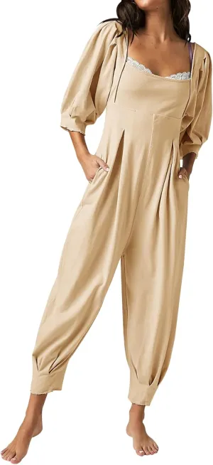 Ebifin Women's Casual Jumpsuits Square Neck Loose Long Pant Rompers with Pockets