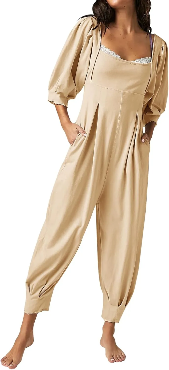 Ebifin Women's Casual Jumpsuits Square Neck Loose Long Pant Rompers with Pockets