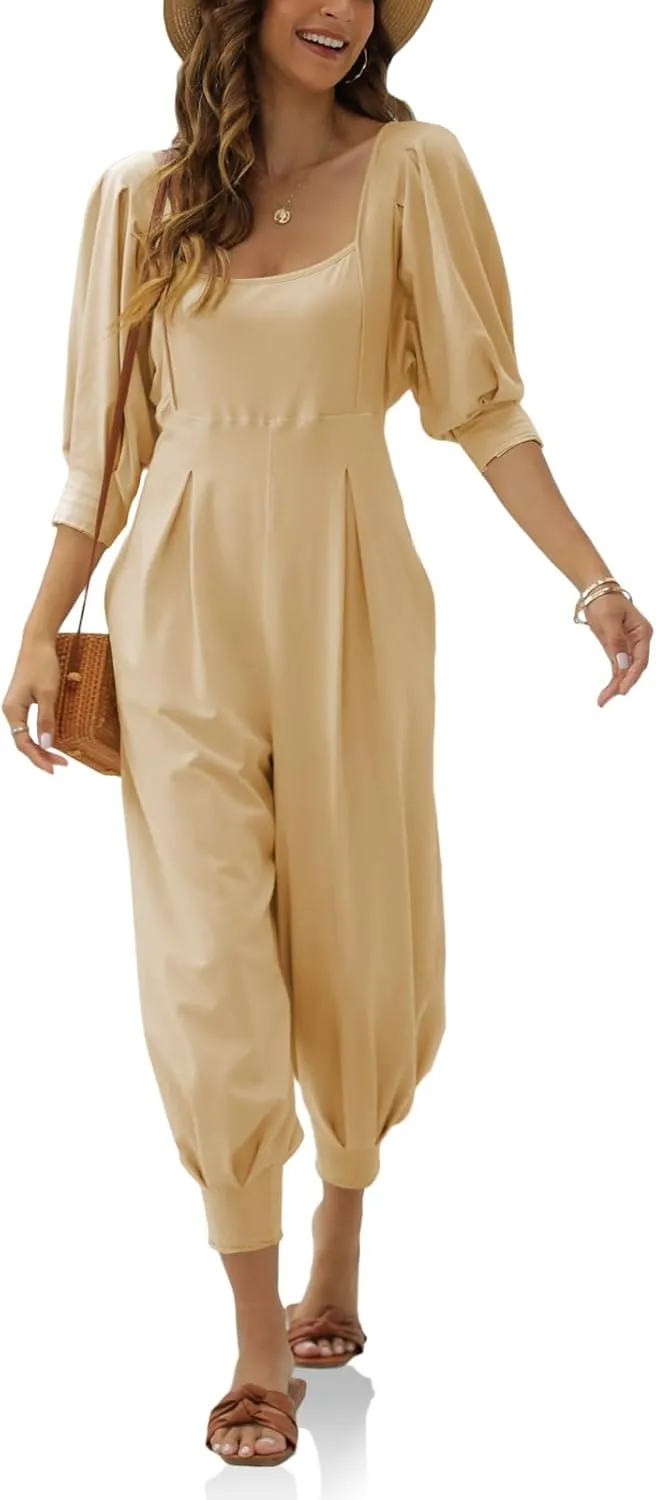 Ebifin Women's Casual Jumpsuits Square Neck Loose Long Pant Rompers with Pockets
