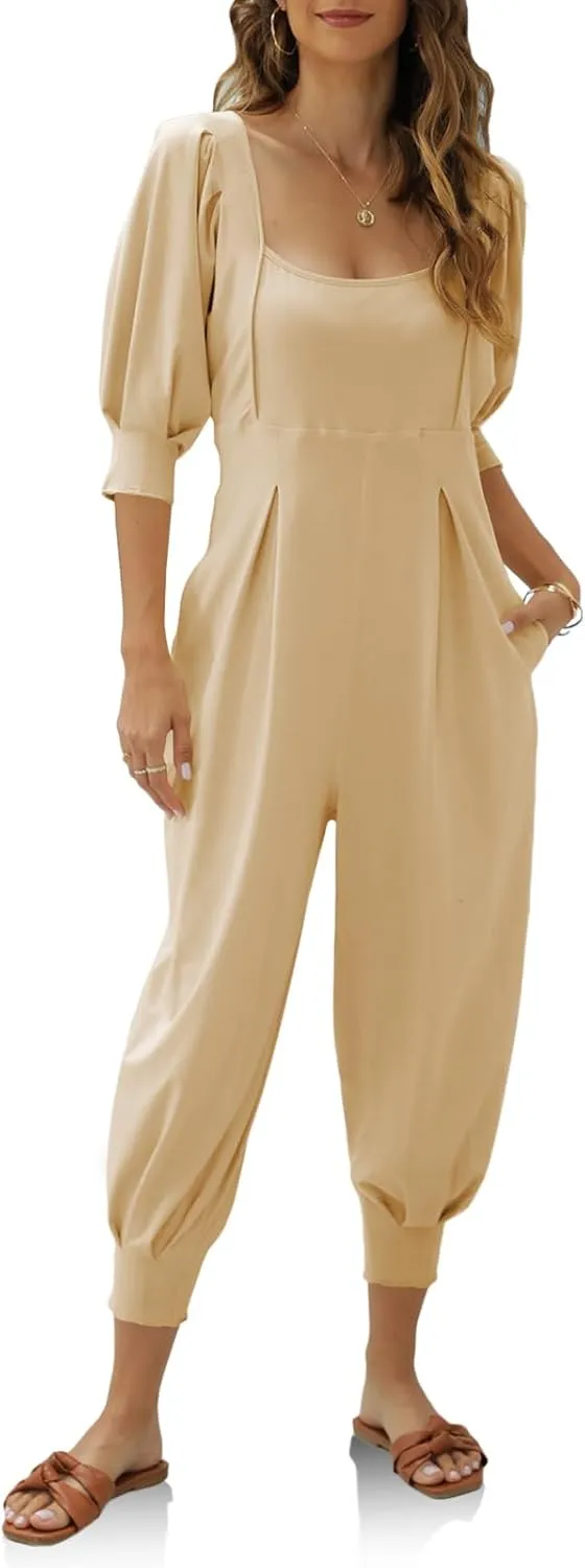 Ebifin Women's Casual Jumpsuits Square Neck Loose Long Pant Rompers with Pockets