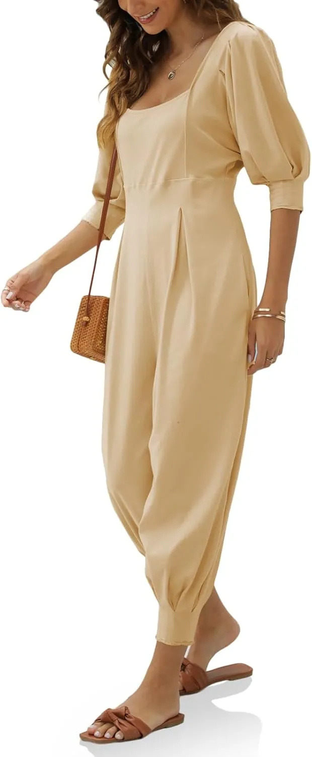 Ebifin Women's Casual Jumpsuits Square Neck Loose Long Pant Rompers with Pockets