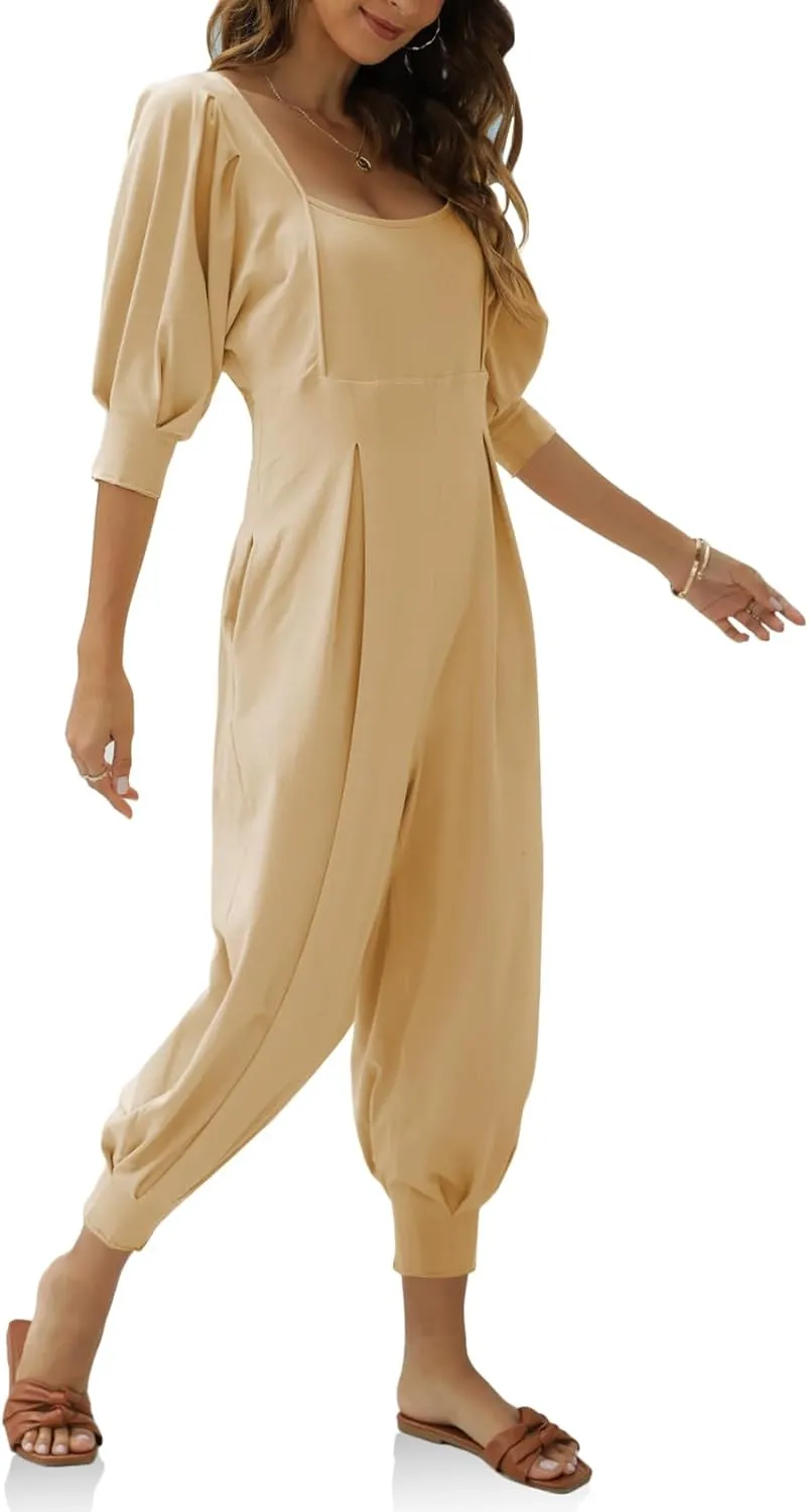 Ebifin Women's Casual Jumpsuits Square Neck Loose Long Pant Rompers with Pockets