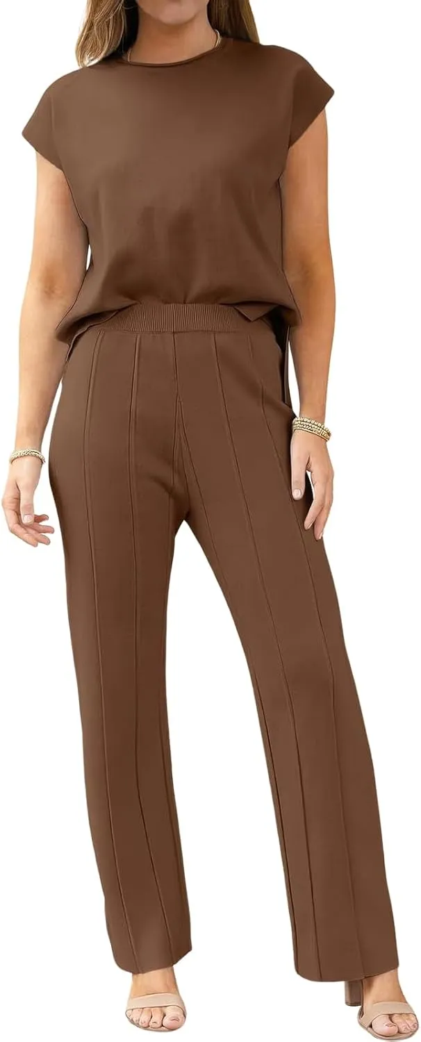 ebossy Women's Summer Knitted 2 Piece Cap Sleeve Slit Tank Top Casual Pleated Wide Leg Pants Lounge Sets