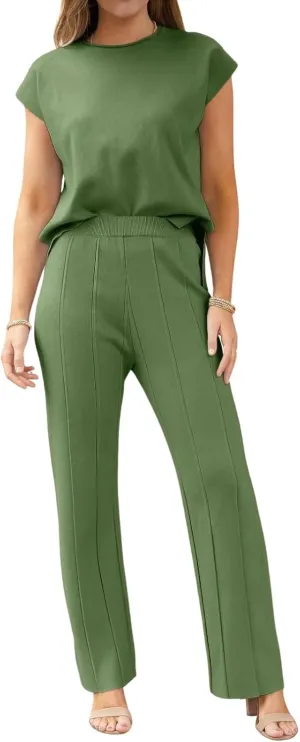 ebossy Women's Summer Knitted 2 Piece Cap Sleeve Slit Tank Top Casual Pleated Wide Leg Pants Lounge Sets