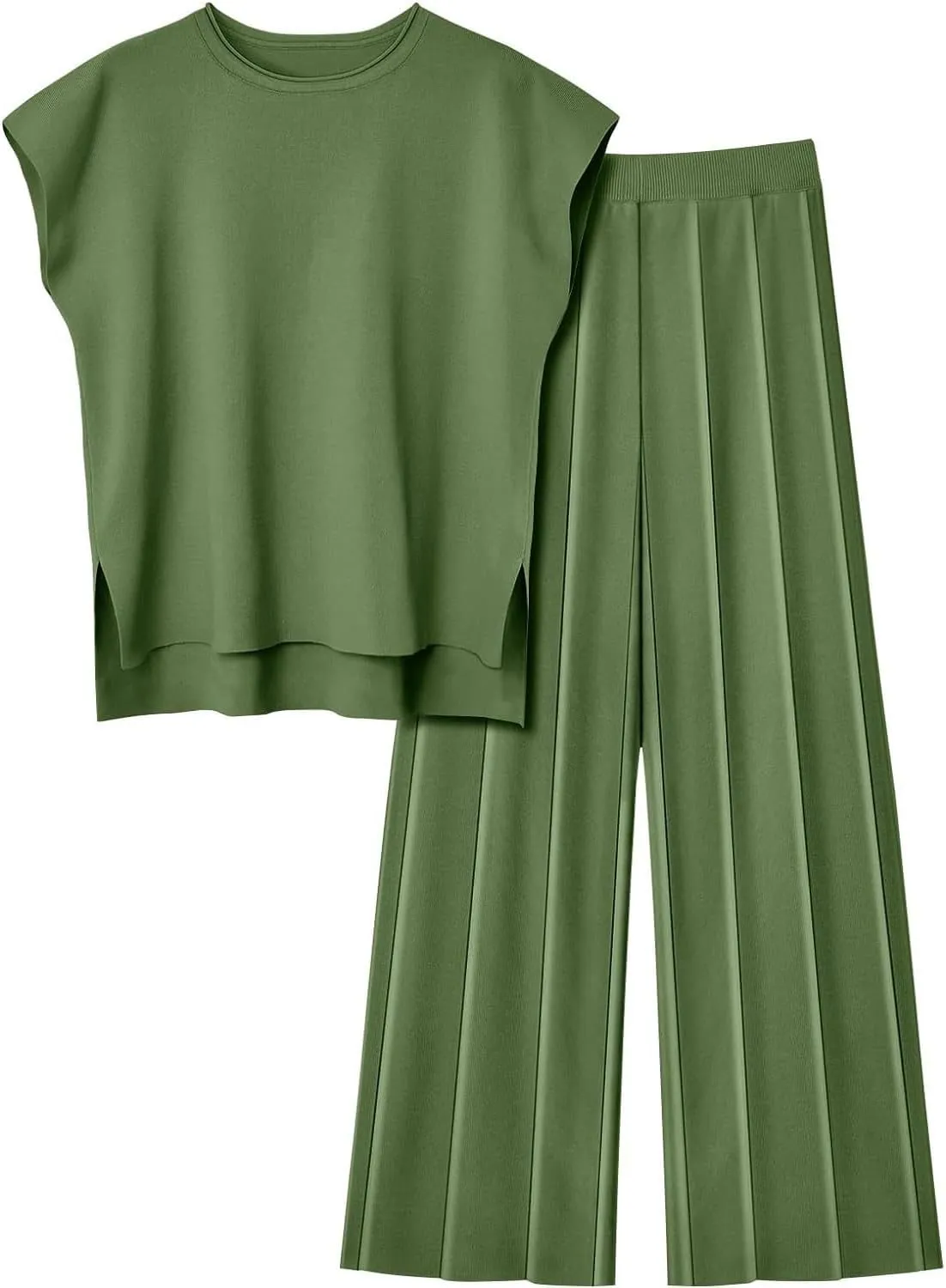 ebossy Women's Summer Knitted 2 Piece Cap Sleeve Slit Tank Top Casual Pleated Wide Leg Pants Lounge Sets