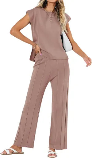 ebossy Women's Summer Knitted 2 Piece Cap Sleeve Slit Tank Top Casual Pleated Wide Leg Pants Lounge Sets