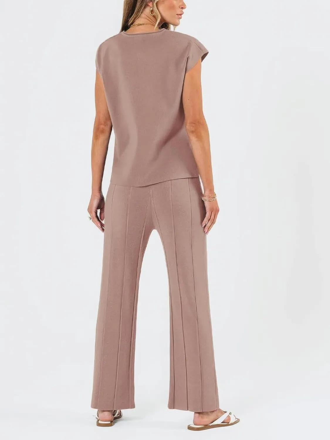 ebossy Women's Summer Knitted 2 Piece Cap Sleeve Slit Tank Top Casual Pleated Wide Leg Pants Lounge Sets