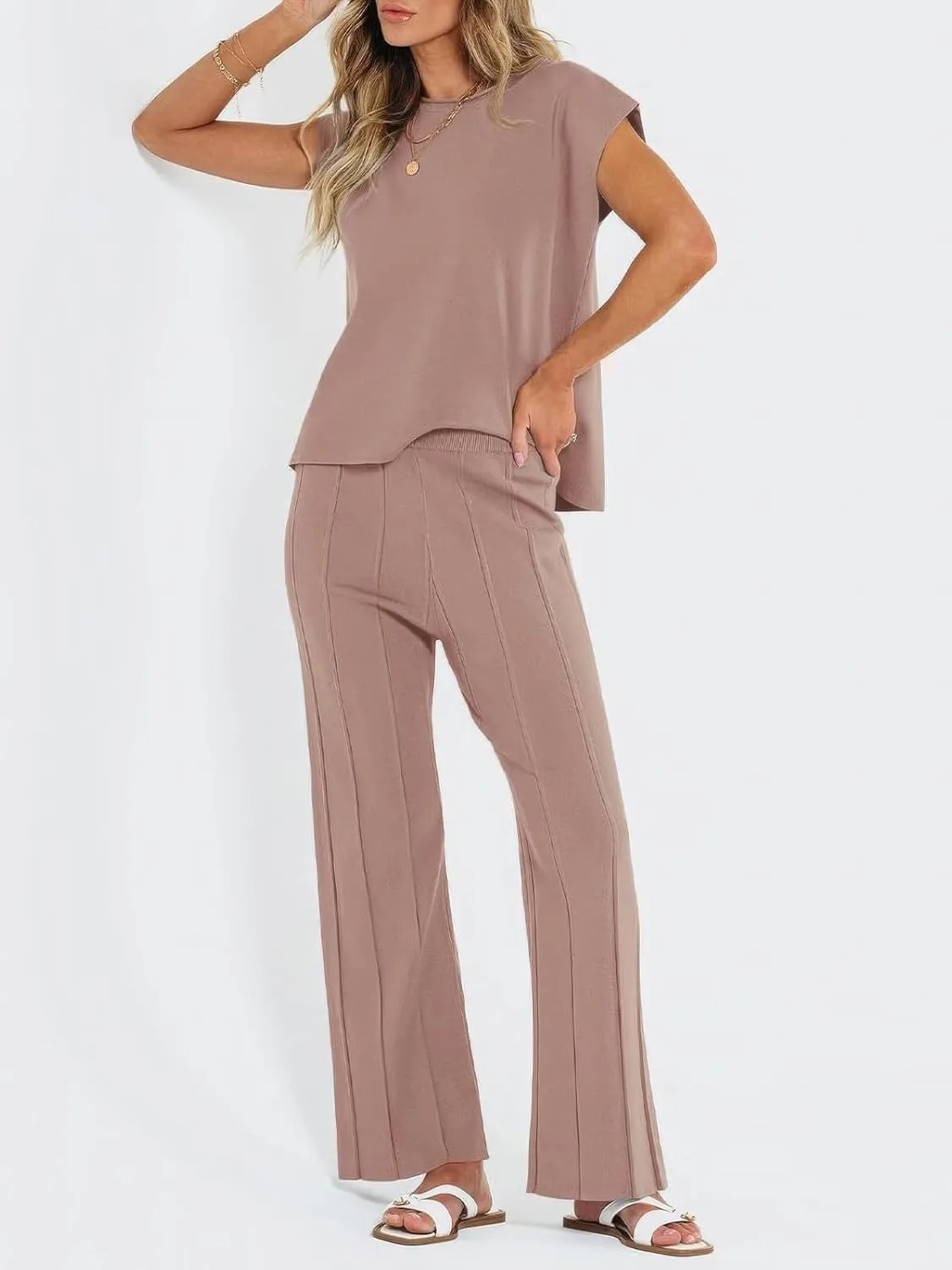ebossy Women's Summer Knitted 2 Piece Cap Sleeve Slit Tank Top Casual Pleated Wide Leg Pants Lounge Sets
