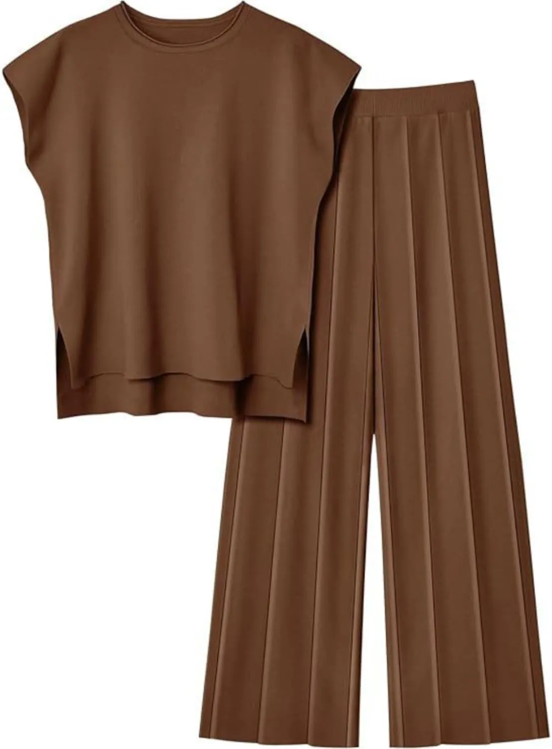 ebossy Women's Summer Knitted 2 Piece Cap Sleeve Slit Tank Top Casual Pleated Wide Leg Pants Lounge Sets