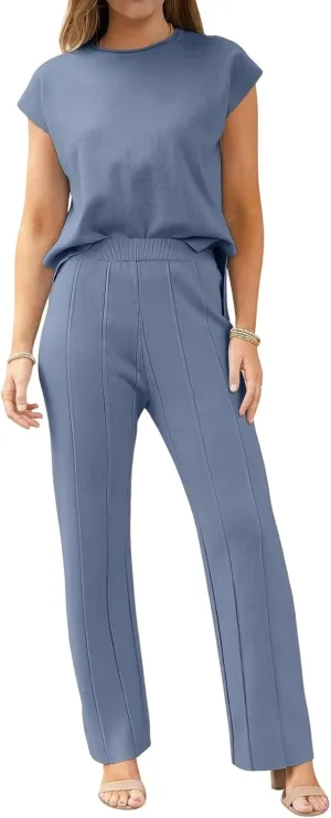 ebossy Women's Summer Knitted 2 Piece Cap Sleeve Slit Tank Top Casual Pleated Wide Leg Pants Lounge Sets