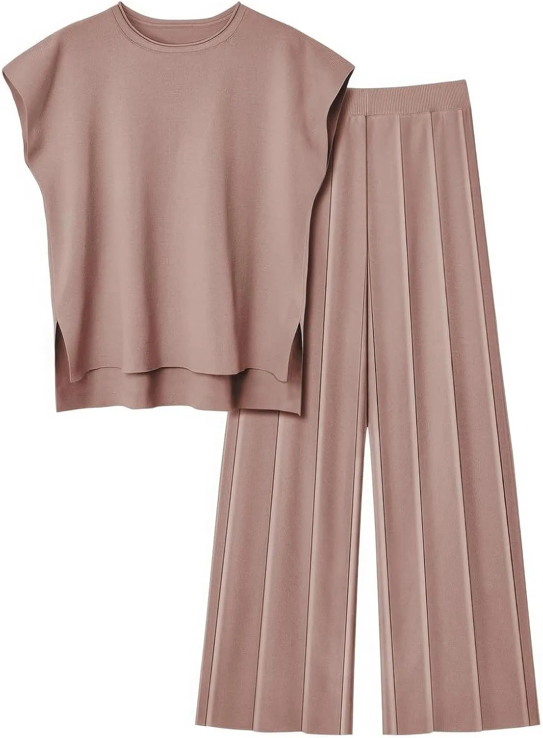 ebossy Women's Summer Knitted 2 Piece Cap Sleeve Slit Tank Top Casual Pleated Wide Leg Pants Lounge Sets