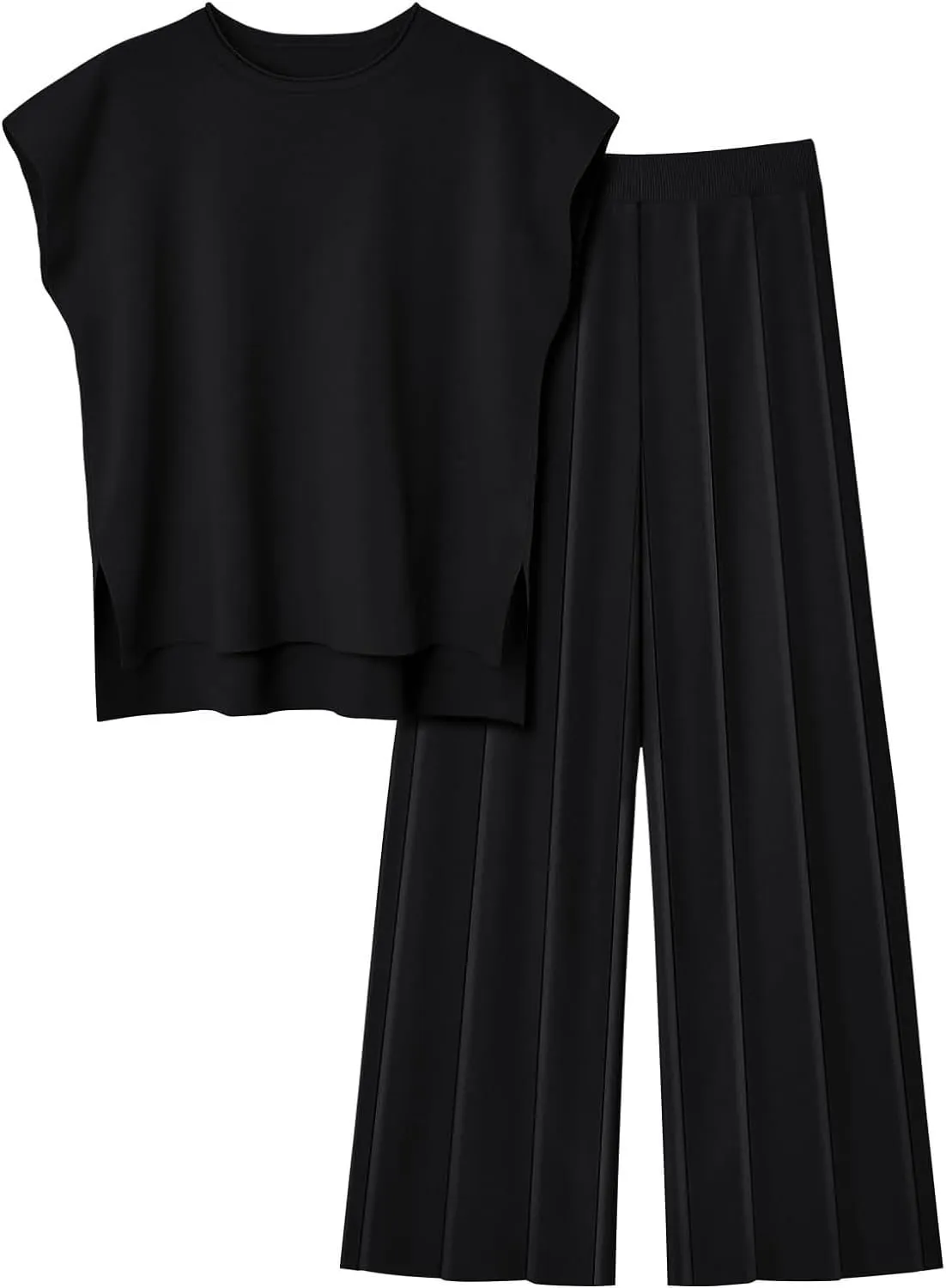 ebossy Women's Summer Knitted 2 Piece Cap Sleeve Slit Tank Top Casual Pleated Wide Leg Pants Lounge Sets