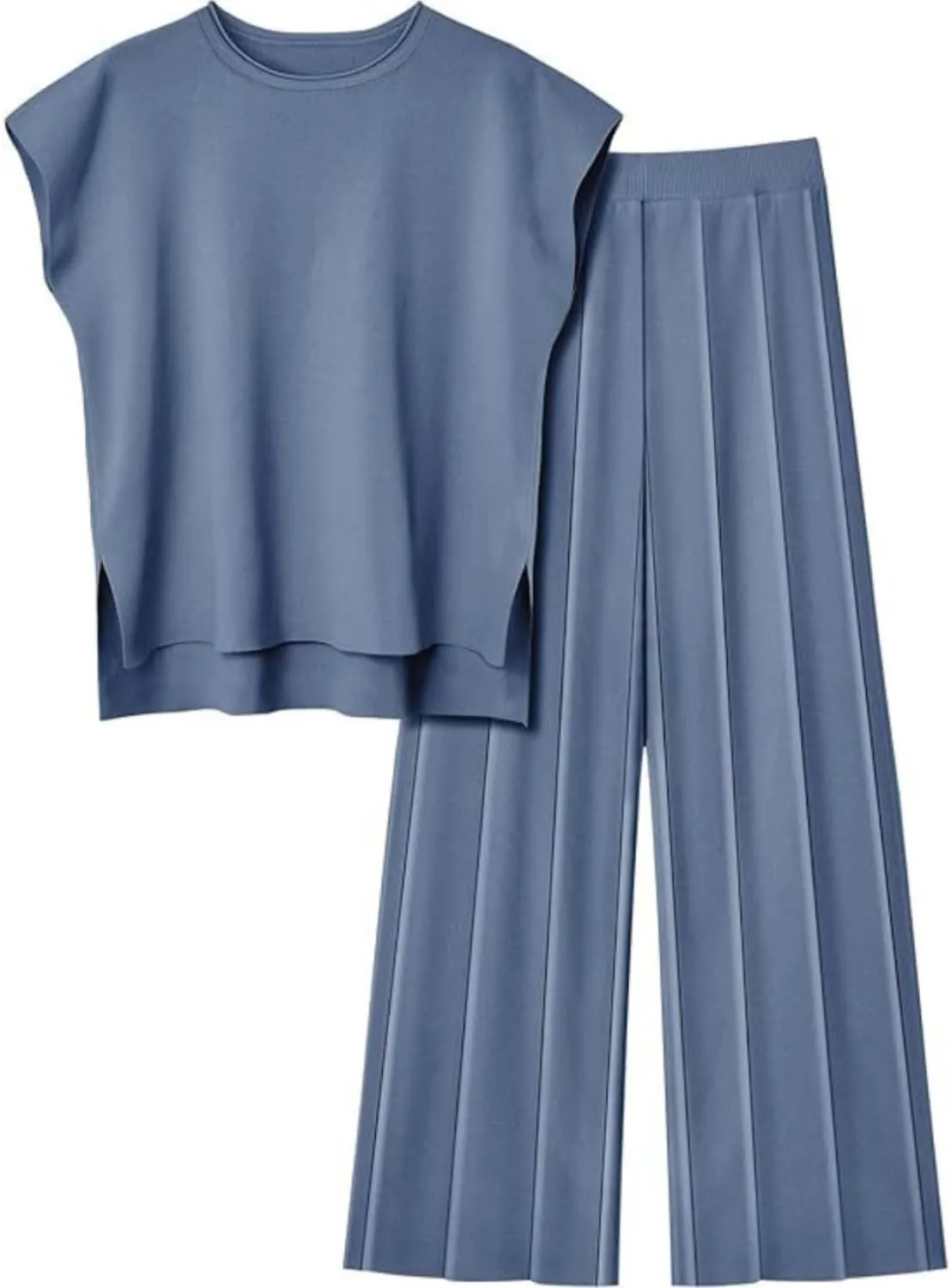 ebossy Women's Summer Knitted 2 Piece Cap Sleeve Slit Tank Top Casual Pleated Wide Leg Pants Lounge Sets