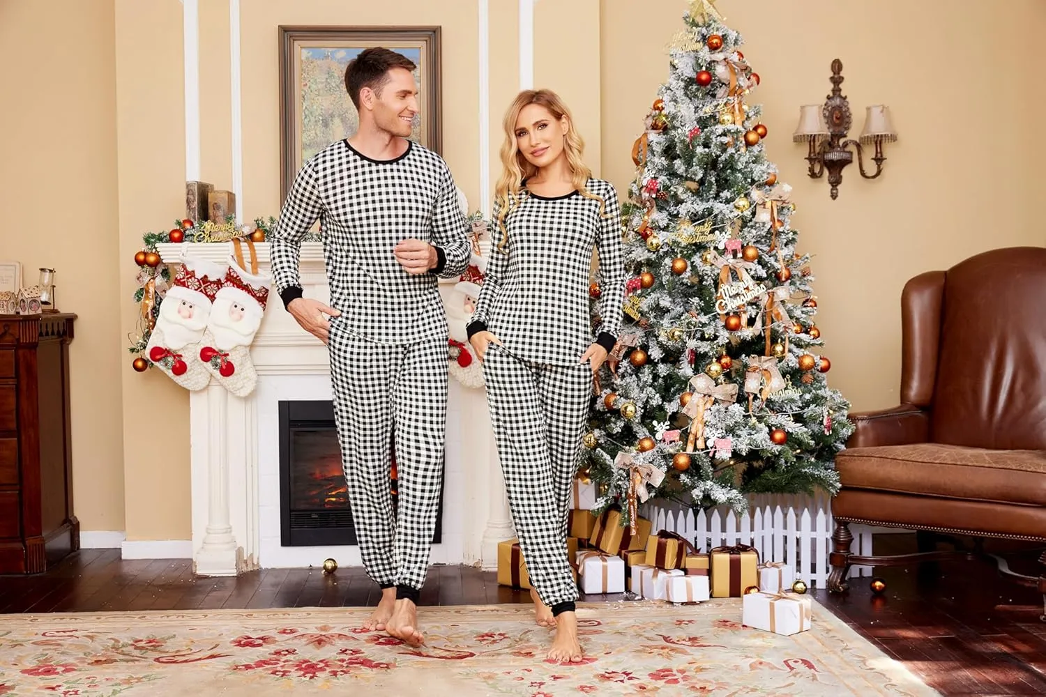 Ekouaer Pajamas for Couple Matching Pjs Long Sleeve Plaid Sleepwear Soft Loungewear with Pockets S-XXL
