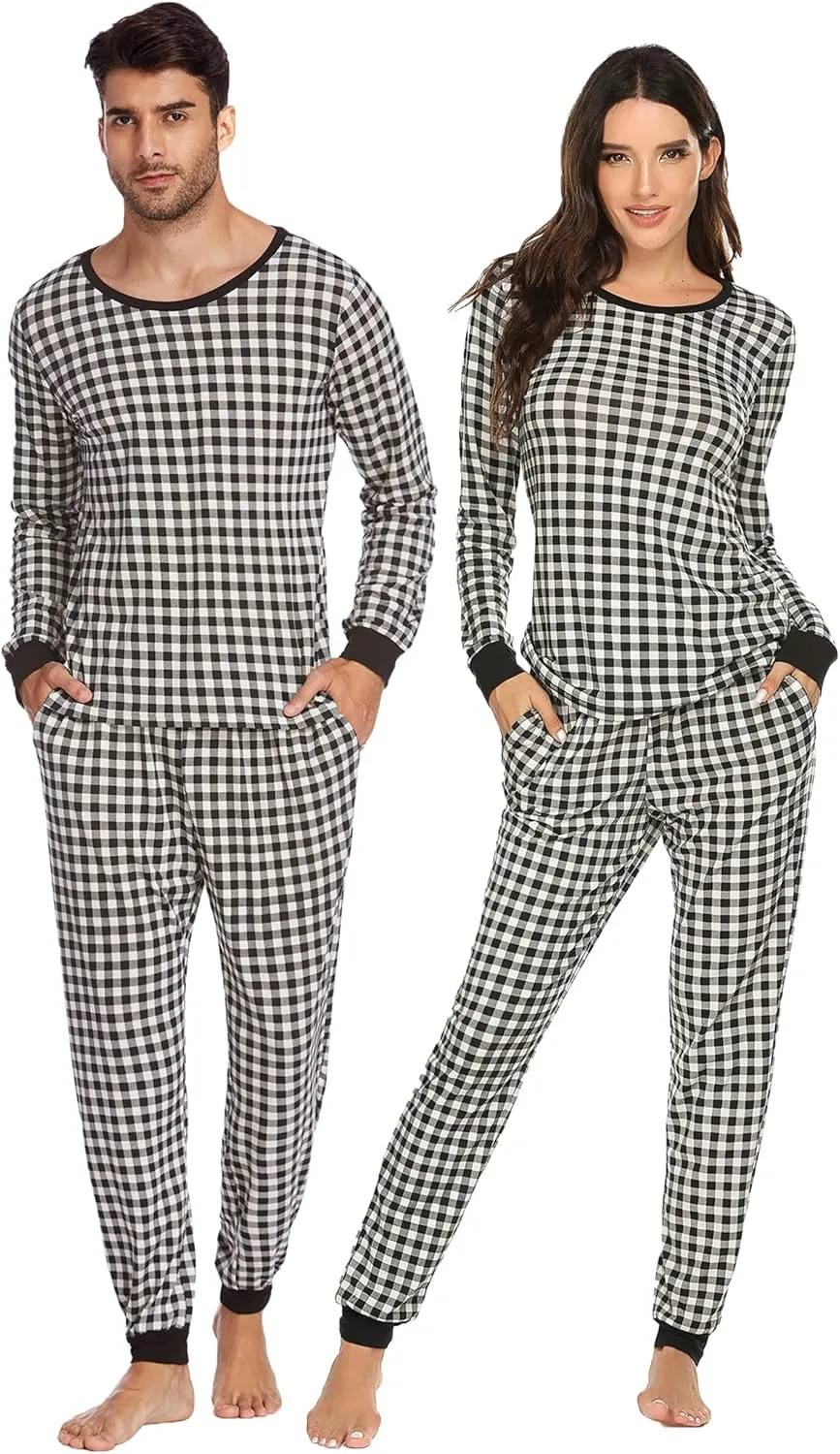 Ekouaer Pajamas for Couple Matching Pjs Long Sleeve Plaid Sleepwear Soft Loungewear with Pockets S-XXL