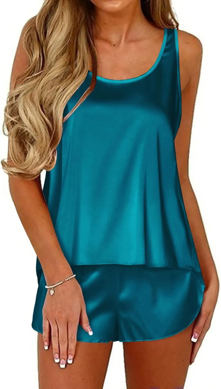Ekouaer Womens Satin Silk Pajamas Back Split Tank Top and Shorts Silky Pj Set Sleepwear S-XXL