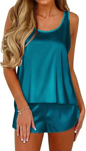 Ekouaer Womens Satin Silk Pajamas Back Split Tank Top and Shorts Silky Pj Set Sleepwear S-XXL