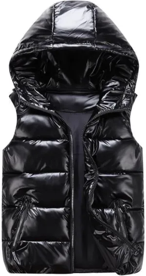 FindThy Women’s Shiny Puffer Down Vest Quilted Zip Up Hat Collar Pocketed Sleeveless Jacket