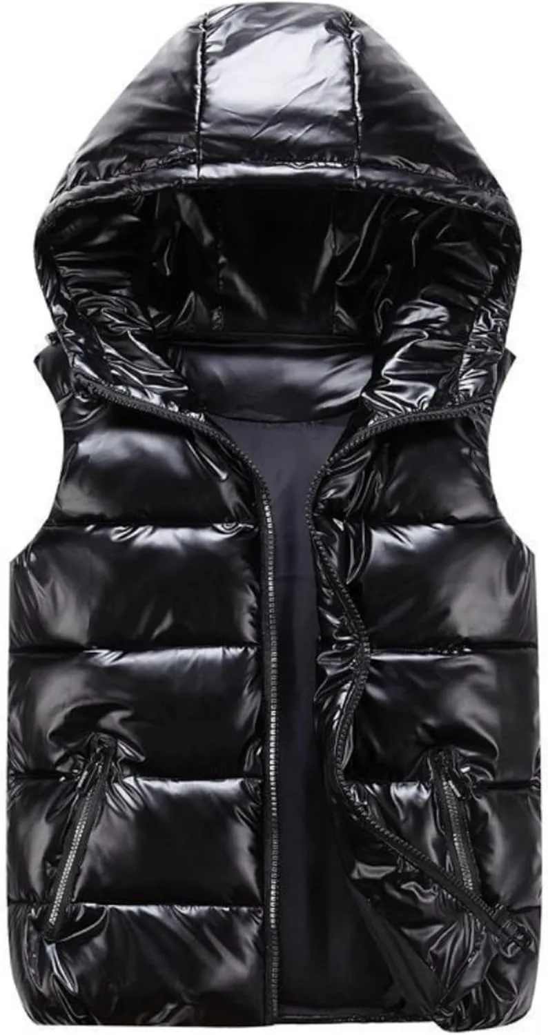 FindThy Women’s Shiny Puffer Down Vest Quilted Zip Up Hat Collar Pocketed Sleeveless Jacket