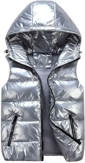 FindThy Women’s Shiny Puffer Down Vest Quilted Zip Up Hat Collar Pocketed Sleeveless Jacket